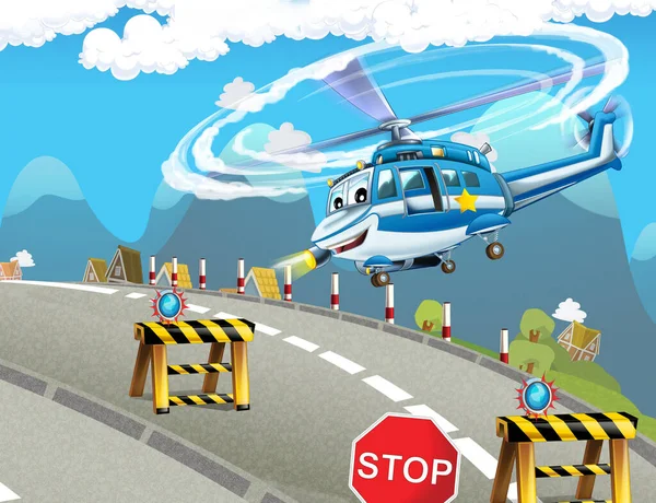 cartoon scene with happy helicopter flying in the city - illustration for children