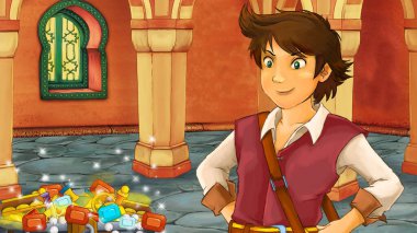 Ortaçağ Arap odası ile karikatür sahnesi hazineler ve prens veya kral - uzak doğu süslemeleri - çocuklar için farklı kullanım sahnesi