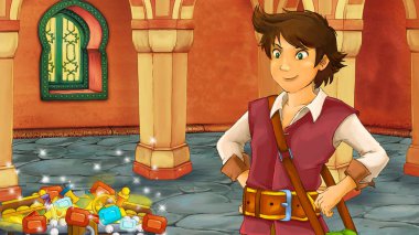 Ortaçağ Arap odası ile karikatür sahnesi hazineler ve prens veya kral - uzak doğu süslemeleri - çocuklar için farklı kullanım sahnesi