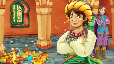 Ortaçağ Arap odası ile karikatür sahnesi hazineler ve prens veya kral - uzak doğu süslemeleri - çocuklar için farklı kullanım sahnesi