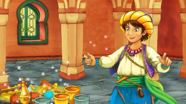 Ortaçağ Arap odası ile karikatür sahnesi hazineler ve prens veya kral - uzak doğu süslemeleri - çocuklar için farklı kullanım sahnesi