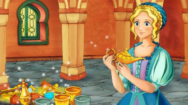 Ortaçağ Arap odasının hazineli karikatür sahnesi - Uzak doğu süslemeleri - çocuklar için farklı kullanım sahnesi - illüstrasyon