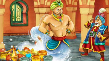 Ortaçağ Arap odası ile karikatür sahnesi hazineler, prens ve büyücü - uzak doğu süsleri - çocuklar için farklı kullanım sahnesi - resimleme