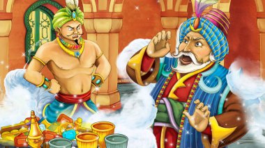 Ortaçağ Arap odası ile karikatür sahnesi hazineler, prens ve büyücü - uzak doğu süsleri - çocuklar için farklı kullanım sahnesi - resimleme