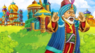 Arap masal prensi ile çizgi film sahnesi - çocuklar için illüstrasyon