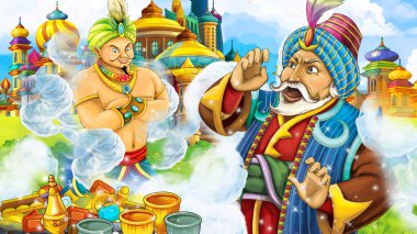 Arap masal prensi ile çizgi film sahnesi - çocuklar için illüstrasyon