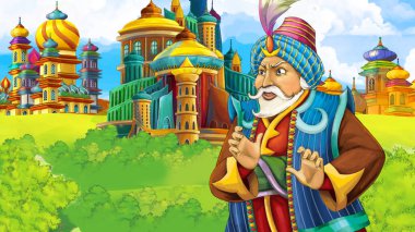 Arap masal prensi ile çizgi film sahnesi - çocuklar için illüstrasyon