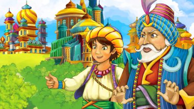 Arap masal prensi ile çizgi film sahnesi - çocuklar için illüstrasyon