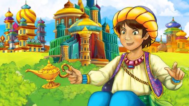 Arap masal prensi ile çizgi film sahnesi - çocuklar için illüstrasyon