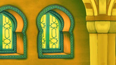 Ortaçağ Arap odalı karikatür sahnesi - uzak doğu süslemeleri - çocuklar için farklı kullanım sahnesi - illüstrasyon