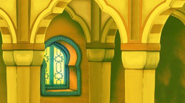 Ortaçağ Arap odalı karikatür sahnesi - uzak doğu süslemeleri - çocuklar için farklı kullanım sahnesi - illüstrasyon