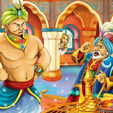 Arap masal prensi ile çizgi film sahnesi - çocuklar için illüstrasyon