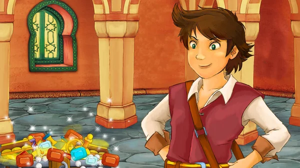 Ortaçağ Arap odası ile karikatür sahnesi hazineler ve prens veya kral - uzak doğu süslemeleri - çocuklar için farklı kullanım sahnesi