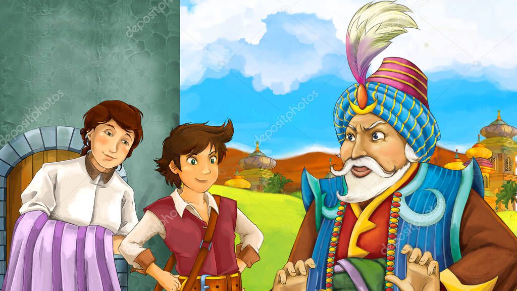 cartoon scene with arabic fairy tale prince - illustration for children