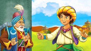 Arap masal prensi ile çizgi film sahnesi - çocuklar için illüstrasyon