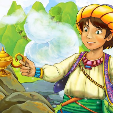 Arap masal prensi ile çizgi film sahnesi - çocuklar için illüstrasyon