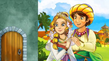 Ortaçağ Arap krallığının prensi ya da kralının seyahat ettiği karikatür sahnesi - uzak doğu süsleri - çocuklar için farklı kullanım sahnesi - illüstrasyon