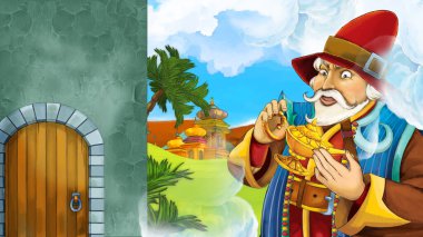 Ortaçağ Arap krallığının prensi ya da kralının tahta kapı girişinde seyahat ettiği karikatür sahnesi - uzak doğu süsleri - çocuklar için farklı kullanım sahnesi -