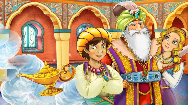 Tecknad Scen Med Arabiska Saga Prins Illustration För Barn — Stockfoto