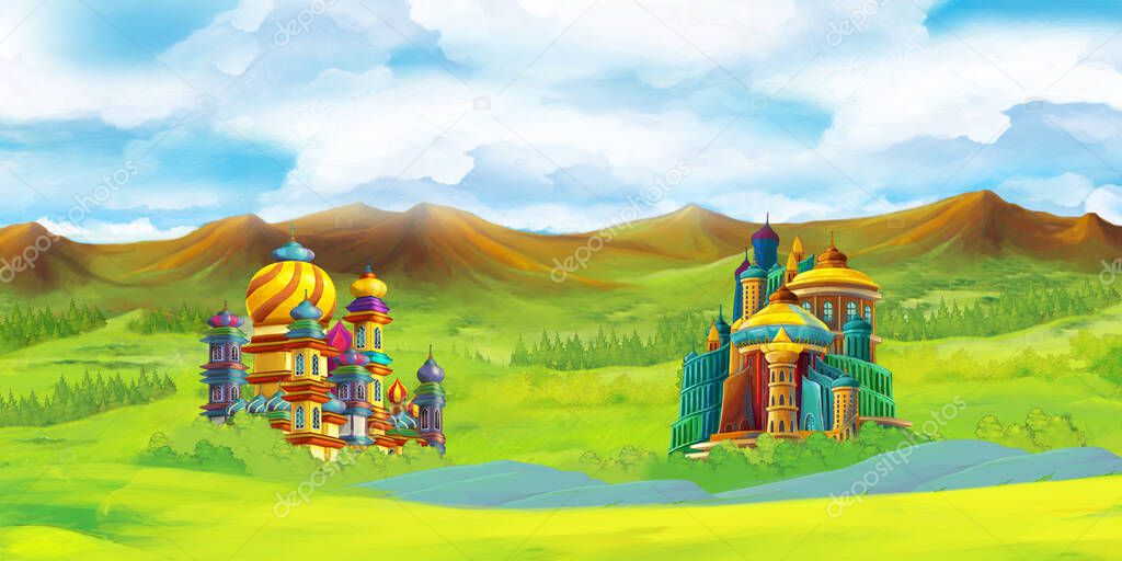 cartoon scene with arabic fairy tale prince - illustration for children