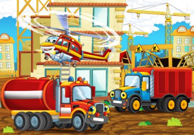 Komik inşaat alanı arabalı karikatür sahnesi araçlar ve helikopter - çocuklar için çizimler