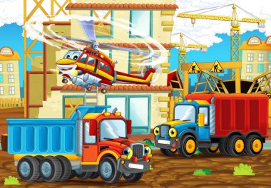 Komik inşaat alanı arabalı karikatür sahnesi araçlar ve helikopter - çocuklar için çizimler