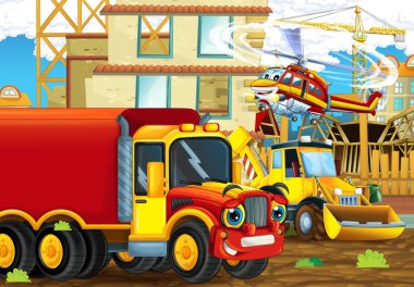 Komik inşaat alanı arabalı karikatür sahnesi araçlar ve helikopter - çocuklar için çizimler