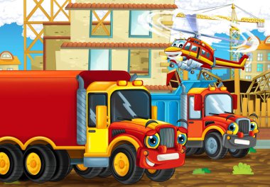 Komik inşaat alanı arabalı karikatür sahnesi araçlar ve helikopter - çocuklar için çizimler
