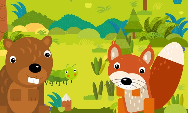Rajzfilm Jelenet Különböző Európai Boldog Vicces Állatok Erdőben Illusztráció Gyerekeknek — Stock Fotó