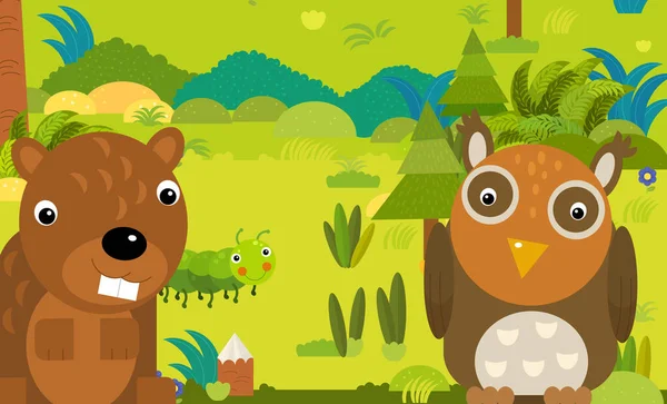 在森林里的卡通片场景里 有不同的欧洲人和快乐有趣的动物 为孩子们提供图解 — 图库照片