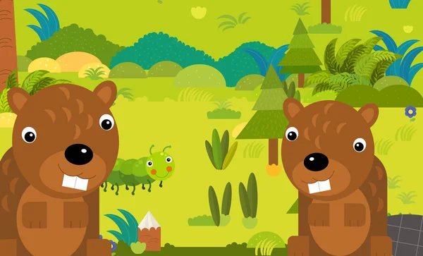 Zeichentrickszene Mit Verschiedenen Glücklichen Und Lustigen Tieren Wald Illustration Für — Stockfoto