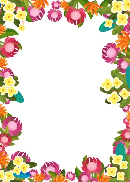 Cena Dos Desenhos Animados Com Moldura Floral Flores Coloridas Ilustração — Fotografia de Stock