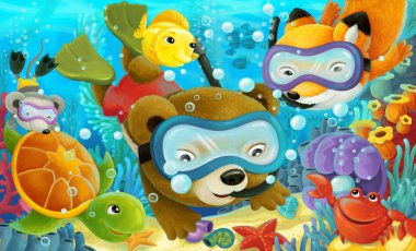 Mercan resifleri ve dalış yapan orman hayvanlarının olduğu karikatür okyanus sahnesi - çocuklar için illüstrasyon