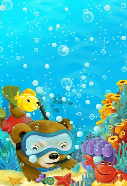 サンゴ礁や森の動物と漫画の海のシーンダイビング 子供のためのイラスト — ストック写真