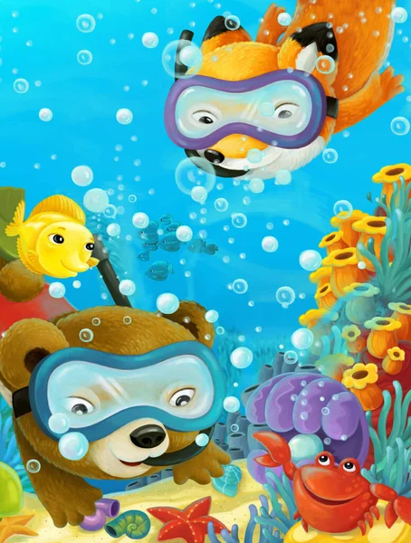 Cartoon Ocean Scena Con Barriera Corallina Animali Della Foresta Immersioni — Foto Stock