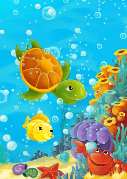 Cartoon Ocean Scene Coral Reef Forest Animals Diving Illustration Children — Stock Photo, Image