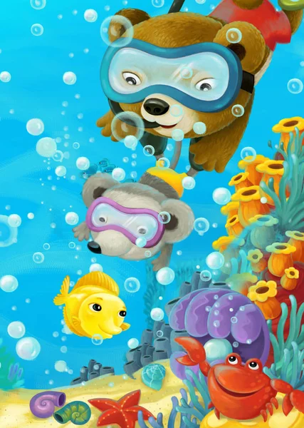Rajzfilm Óceán Jelenet Korallzátony Erdei Állatok Búvárkodás Illusztráció Gyerekeknek — Stock Fotó