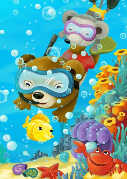 Escena Oceánica Dibujos Animados Con Arrecifes Coral Animales Del Bosque — Foto de Stock