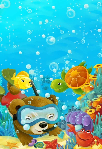 Cartoon Ocean Scena Con Barriera Corallina Animali Della Foresta Immersioni — Foto Stock