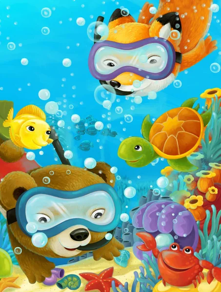 Cartoon Ocean Scena Con Barriera Corallina Animali Della Foresta Immersioni — Foto Stock