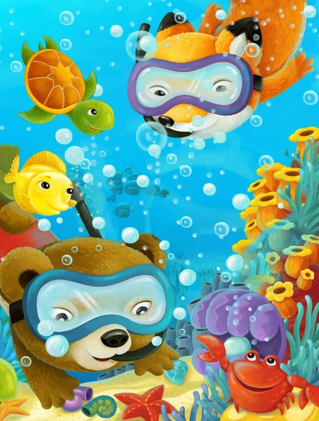 Cartoon Ocean Scena Con Barriera Corallina Animali Della Foresta Immersioni — Foto Stock