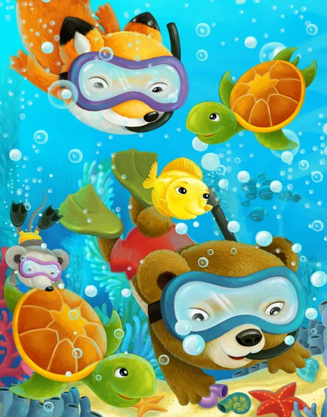 Cartoon Ocean Scena Con Barriera Corallina Animali Della Foresta Immersioni — Foto Stock