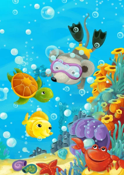 Cartoon Ocean Scene Coral Reef Forest Animals Diving Illustration Children — Stock Photo, Image