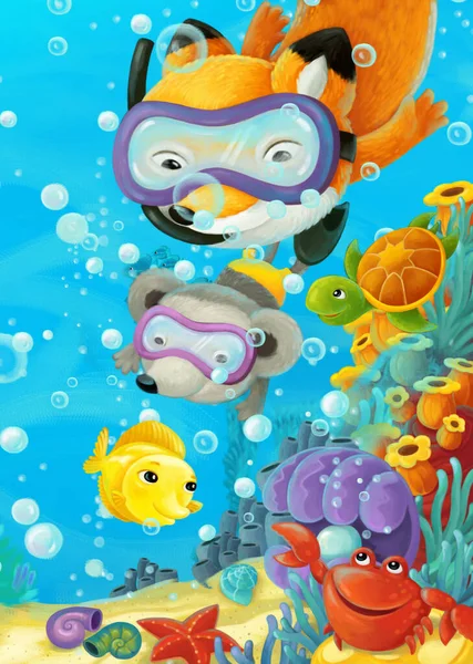 Cartoon Ocean Scene Coral Reef Forest Animals Diving Illustration Children — Stock Photo, Image