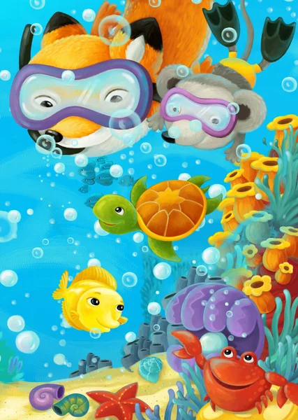 cartoon ocean scene with coral reef and forest animals diving - illustration for children