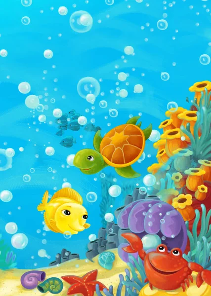 サンゴ礁や森の動物と漫画の海のシーンダイビング 子供のためのイラスト — ストック写真