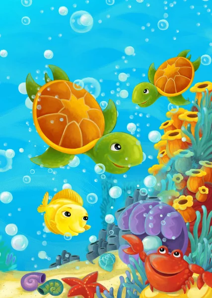 Cartoon Ocean Scene Coral Reef Forest Animals Diving Illustration Children — Stock Photo, Image