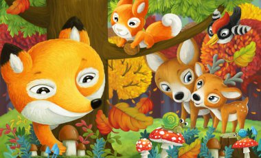 Farklı orman hayvanlarının olduğu çizgi film sahnesi. Arkadaşları orman resimlerinde eğleniyor.