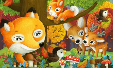 Farklı orman hayvanlarının olduğu çizgi film sahnesi. Arkadaşları orman resimlerinde eğleniyor.