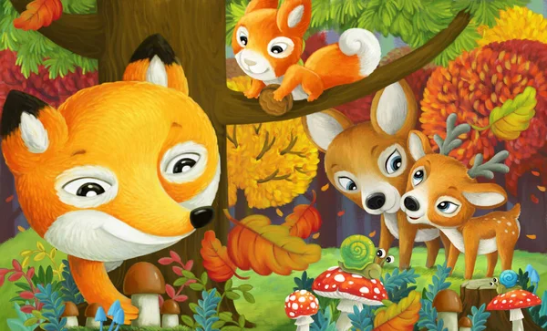 Kreslené Scény Různými Lesních Zvířat Přátelé Baví Lese Ilustrace — Stock fotografie